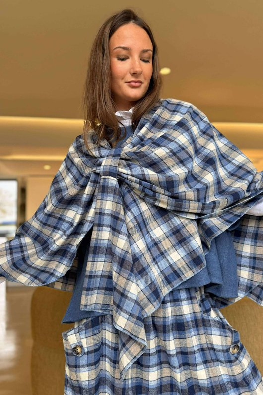 Roberta Plaid Brushed Cotton Drape Cape Highland Blue